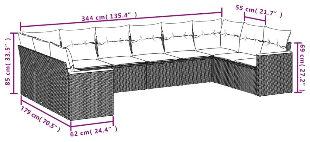 10 pcs conjunto de sofás p/ jardim com almofadões vime PE bege