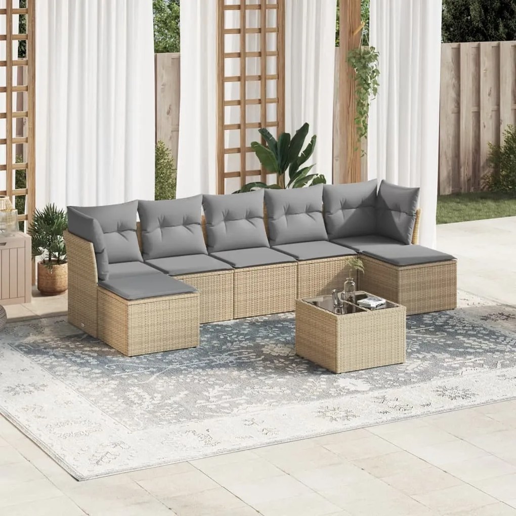 8 pcs conjunto de sofás p/ jardim com almofadões vime PE bege