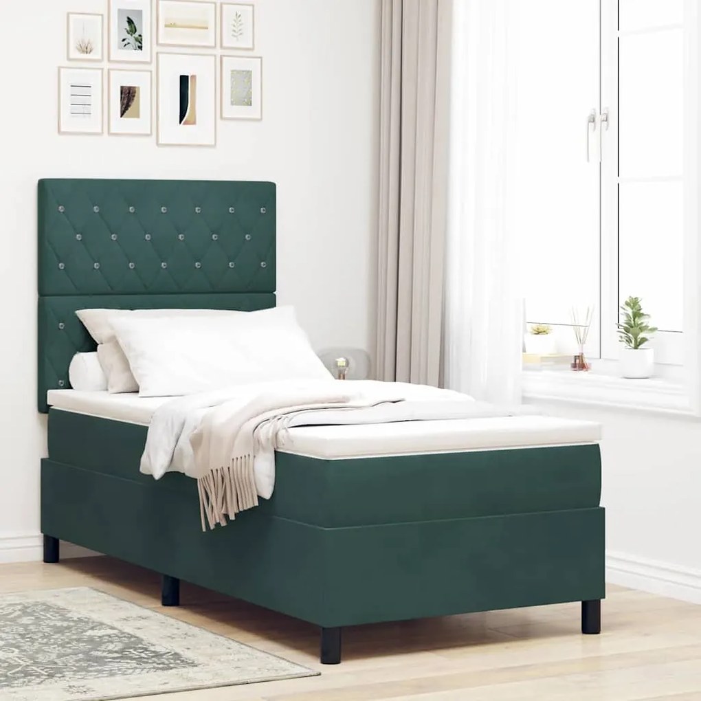 Cama Box com Colchão &amp; LED verde escuro 90x190 cm Veludo