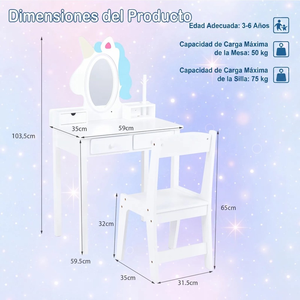 Toucador Infantil com Espelho de Unicórnio e Cadeira, 59 x 35 x 103,5 cm, Espelho LED Ajustável, Branco