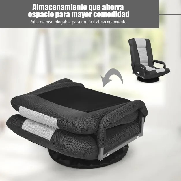 Sofá-cadeira rebatível ajustável em 6 posições com base giratória de 360° para ler e relaxar 61-87 x 55 x 75 cm Cinzento