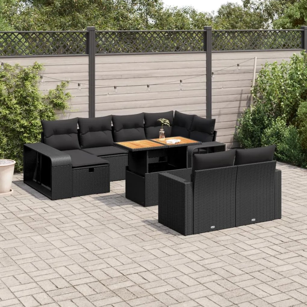 11 pcs conjunto sofás de jardim c/ almofadões vime PE preto