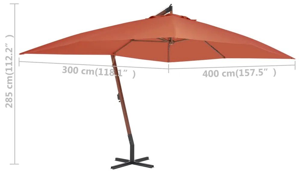 Guarda-sol cantilever c/ poste de madeira 400x300 cm terracota