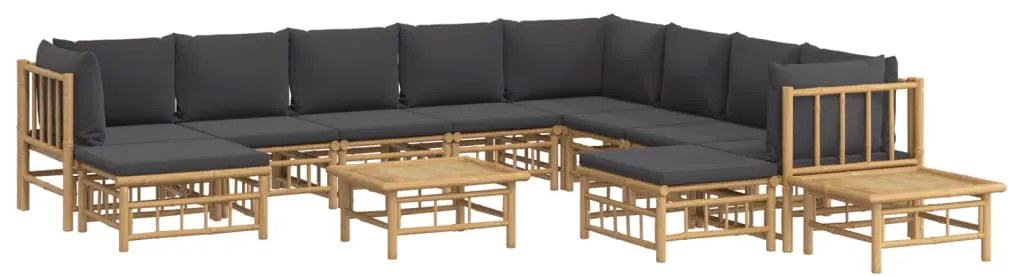 12pcs conj. lounge de jardim bambu c/ almofadões cinza-escuro