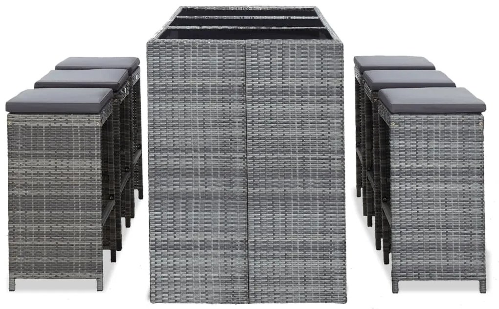 7 pcs conjunto bar para jardim c/ almofadões vime PE cinzento