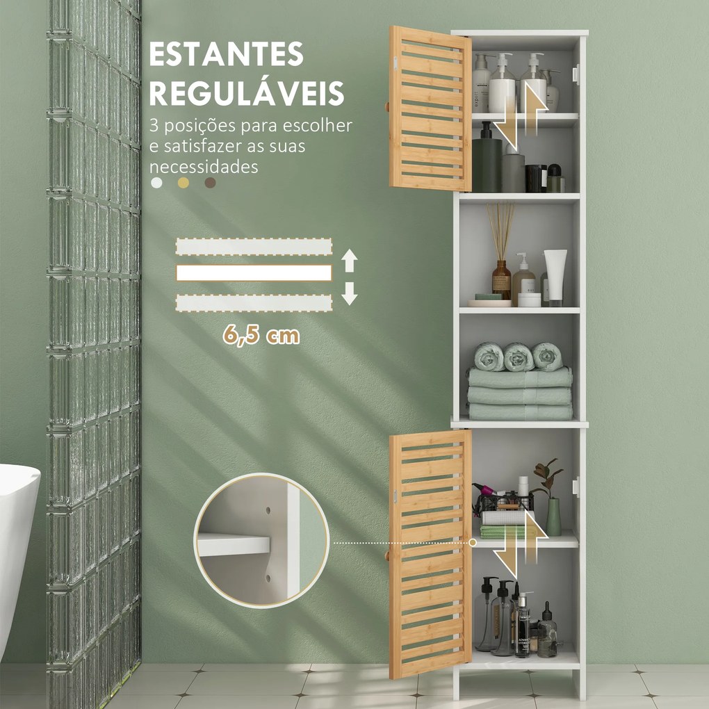 Coluna Casa de Banho Móvel Auxiliar Casa de Banho com Prateleiras Ajustáveis e Portas de Bambu 35x30x170 cm Branco e Madeira