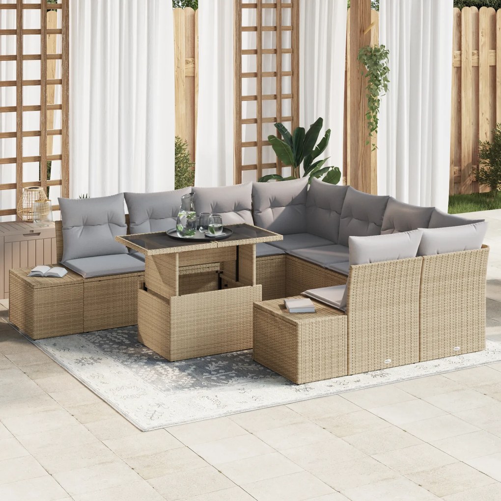 Conjunto de Sofá de Jardim 9 Peças com Almofadas Bege em Rattan Sintét