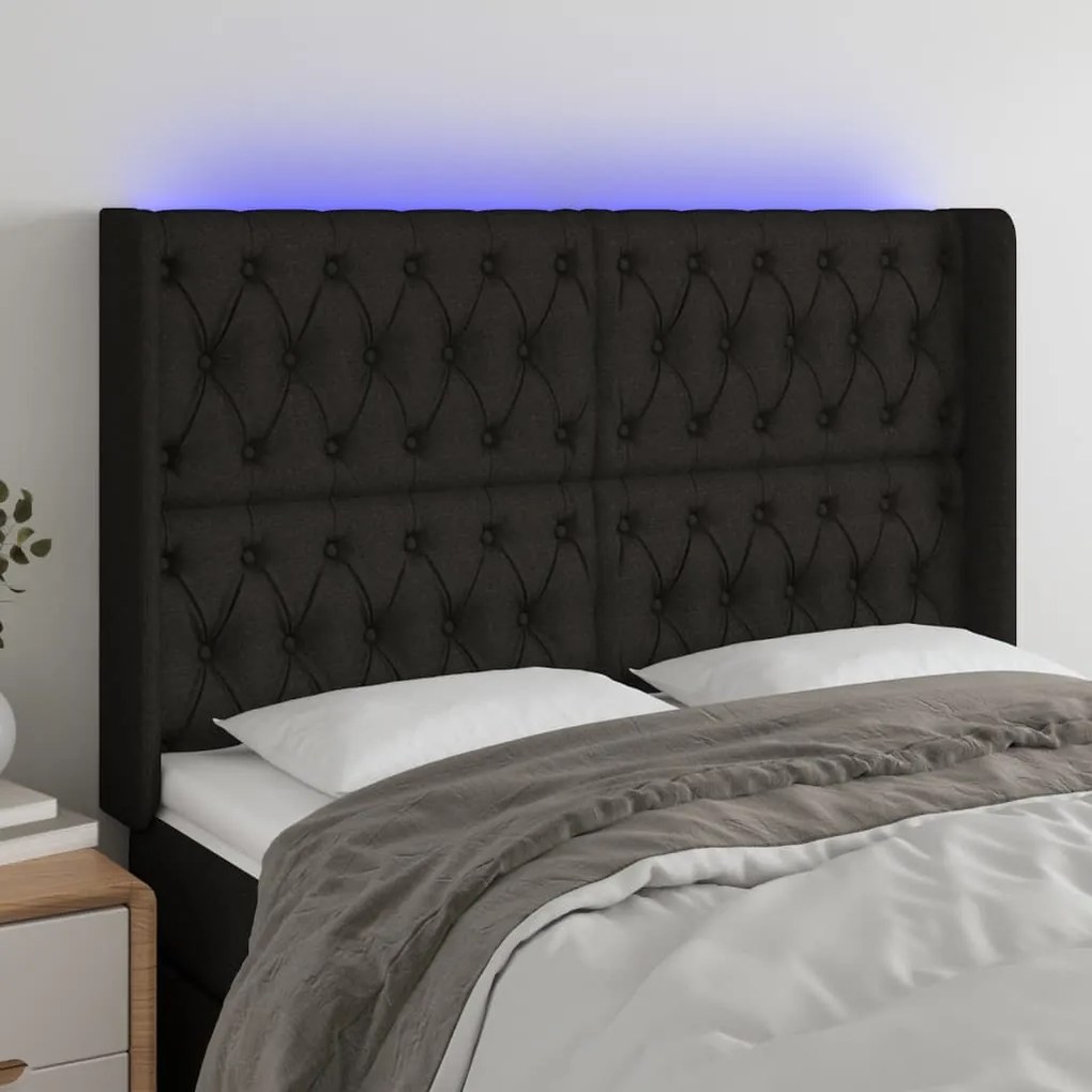 Cabeceira de cama c/ luzes LED tecido 163x16x118/128 cm preto