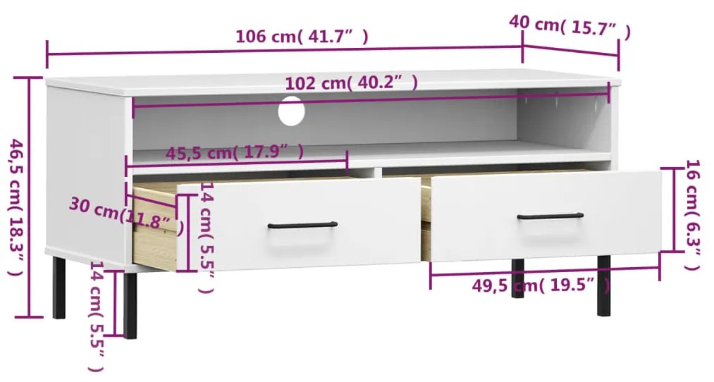 Móvel de TV c/ pernas de metal pinho maciço OSLO branco