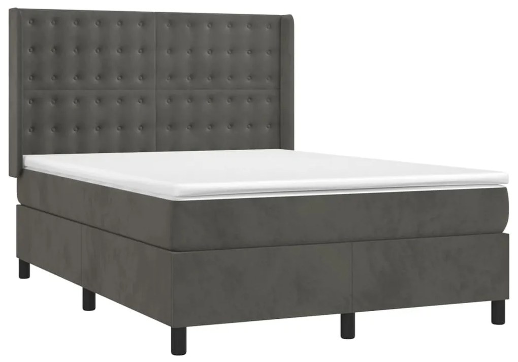 Cama box spring c/ colchão/LED 140x200cm veludo cinzento-escuro