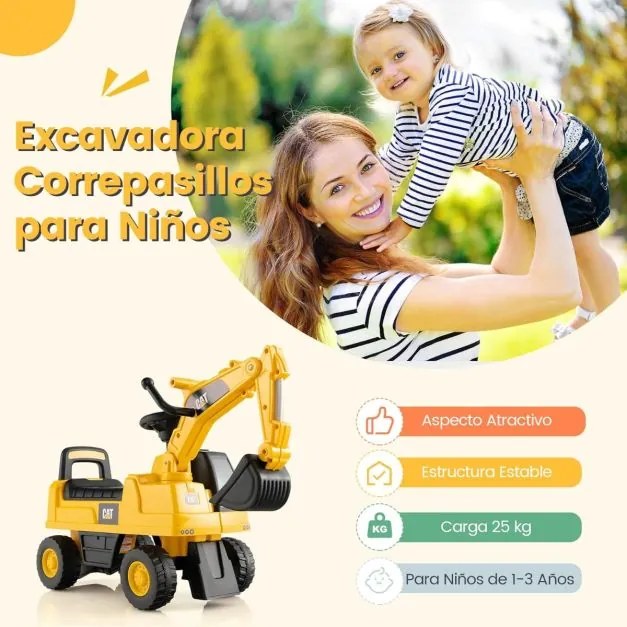 Andarilho Escavadora de brincar para bebés com pá ajustável, buzina e arrumação debaixo do assento para idades entre 1 e 3 anos, capacidade 25 kg, ama