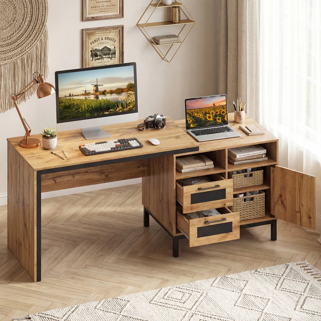 Secretária de escritório com ampla superfície de trabalho 181 x 60 x 76 cm, compartimentos abertos, gavetas e armário com 1 porta, cor natural