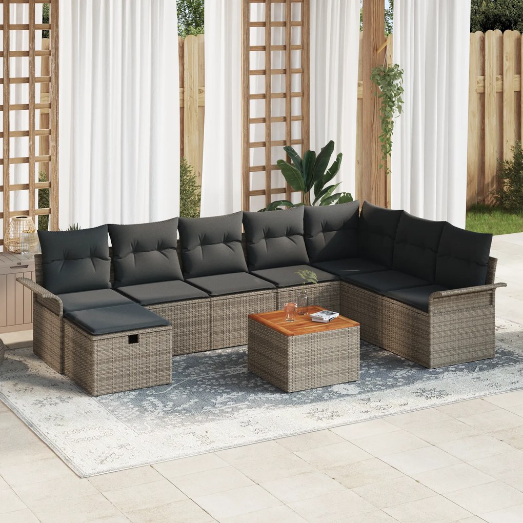Conjunto de Sofás de Jardim de 9 Peças com Almofadas Cinzento Rattan P