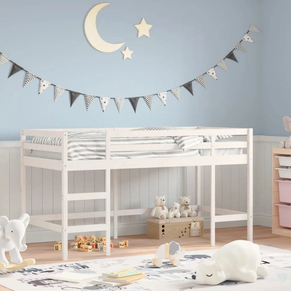 Cama alta p/ criança c/ escada 90x200 cm pinho maciço branco