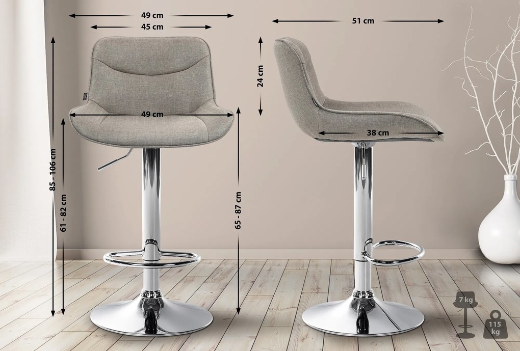 Banco de bar Vonore em tecido com estrutura cromada 85-106 x 49 x 51 cm Castanho acinzentado