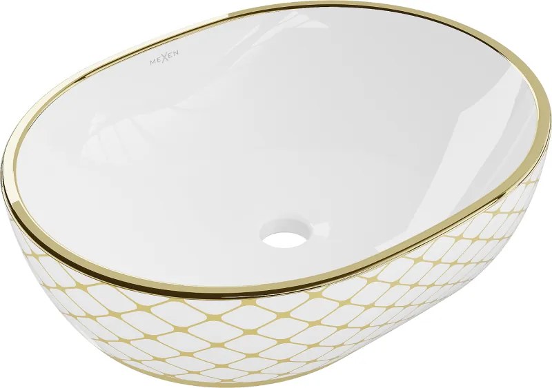 Mexen Viki lavatório de bancada 48 x 35 cm, branco/dourado padrão quadriculado - 21054809