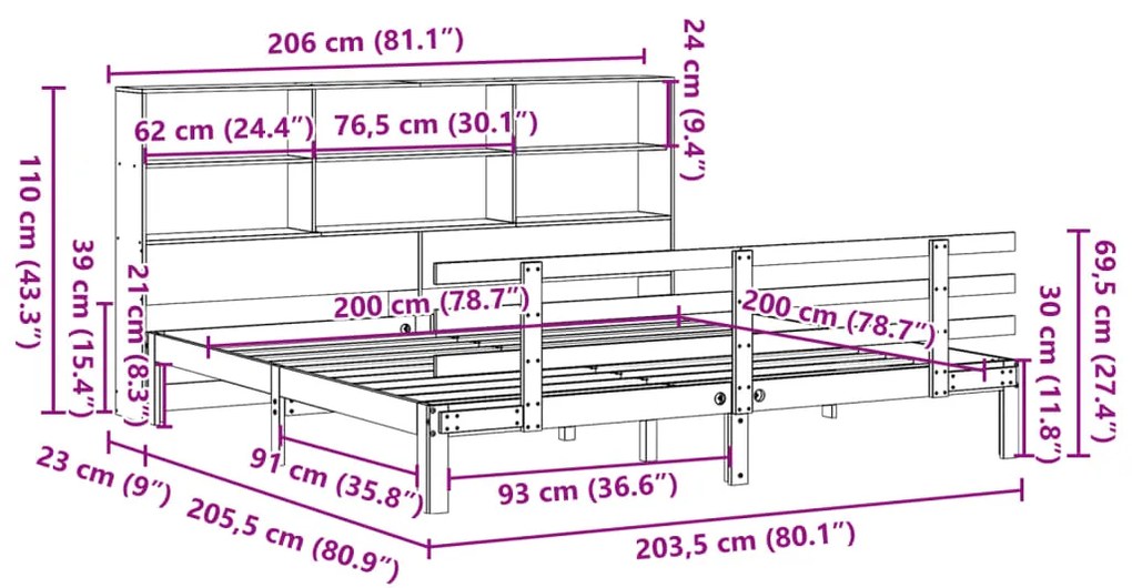 Cama com estante sem colchão 200x200 cm pinho maciço branco