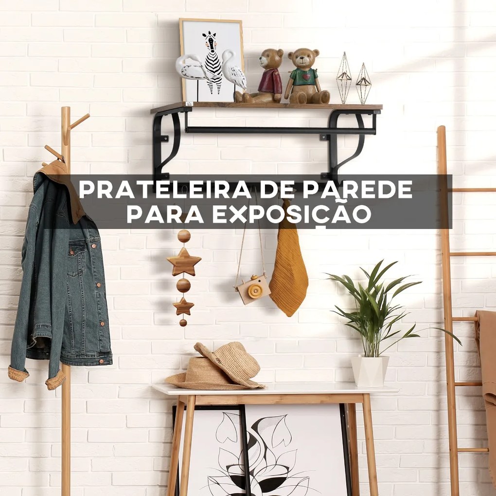 Prateleira de Parede Flutuante com 5 Ganchos e 1 Barra de Aço para Pendurar Roupas Chaves Livros Estilo Moderno 66x30x27cm Madeira e Preto