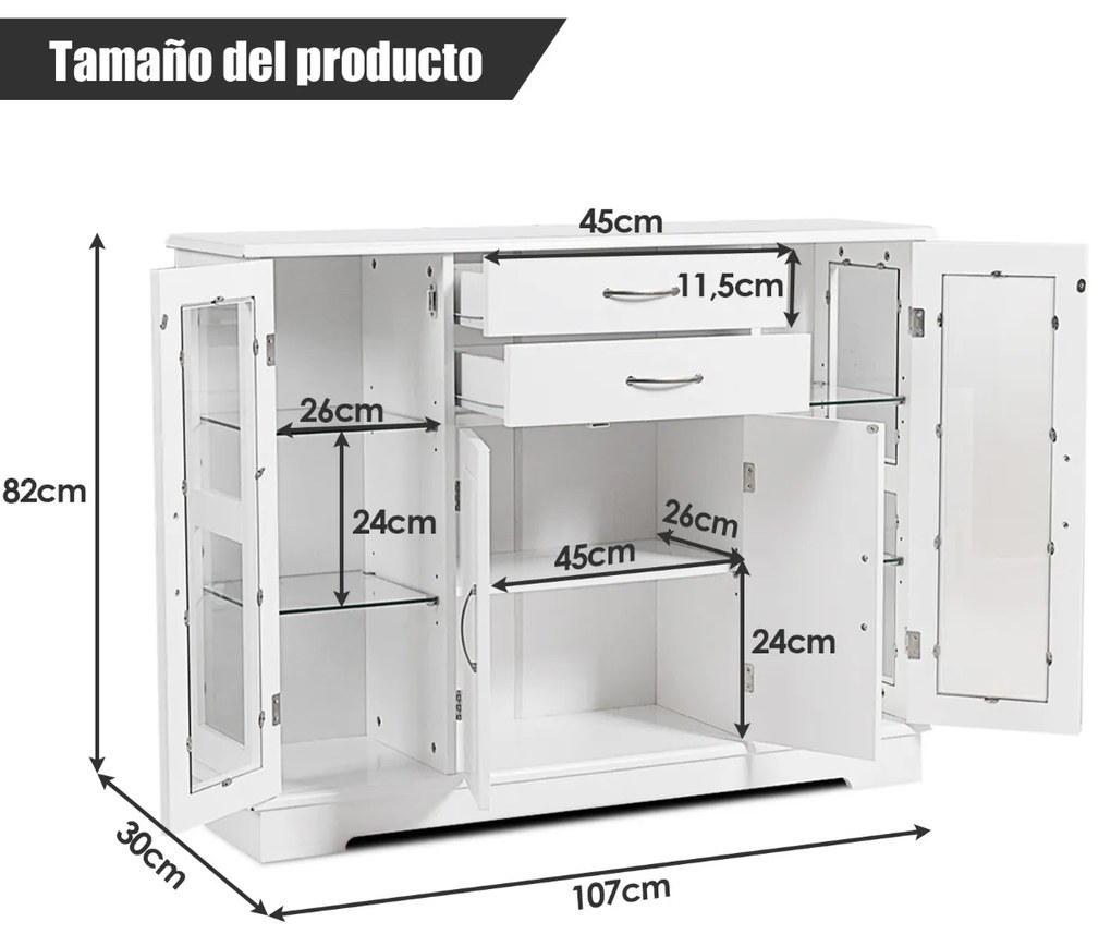 Aparador com Portas de Vidro Temperado com 2 Gavetas Organizador de Cozinha para Cozinha Jantar Sala de Estar 107 x 30 x 82 cm Branco