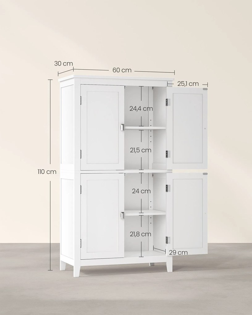 Armário de casa de banho com 4 portas e prateleiras reguláveis 30 x 60 x 110 cm Branco