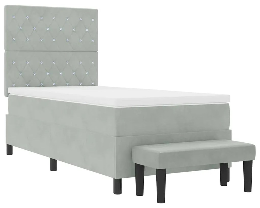 Cama Box Spring com Colchão &amp; Banco Cinzento-claro 90x200 cm Veludo