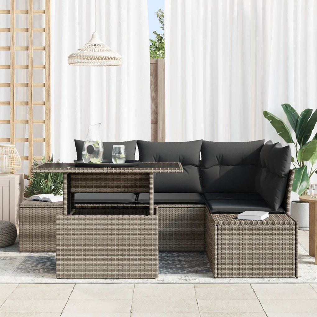 Conjunto de Sofá de Jardim de 5 Peças com Almofadas Cinza em Rattan Si