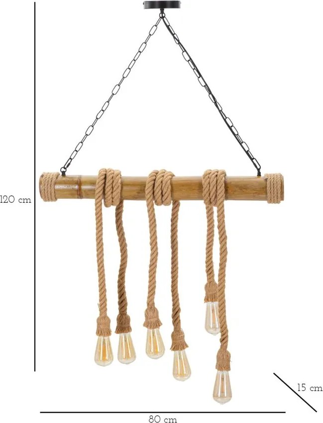 "Candeeiro de Teto Boho Chic - Metal, Bambu e Corda - 120 cm - 6 Ponto