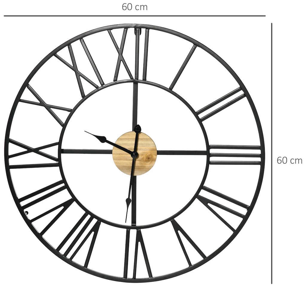 Relógio de Parede Silencioso de Ø60 Relógio de Parede de Metal e Madeira com Números Romanos sem Tique-Taque Funciona com Pilhas Estilo Vintage Decora