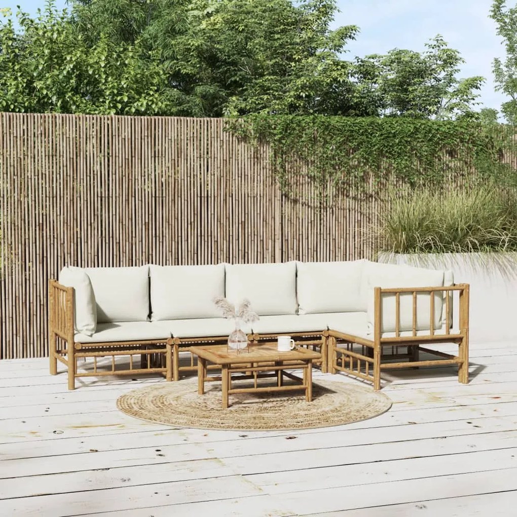 vidaXL 6 pcs conjunto lounge de jardim bambu c/ almofadões branco nata