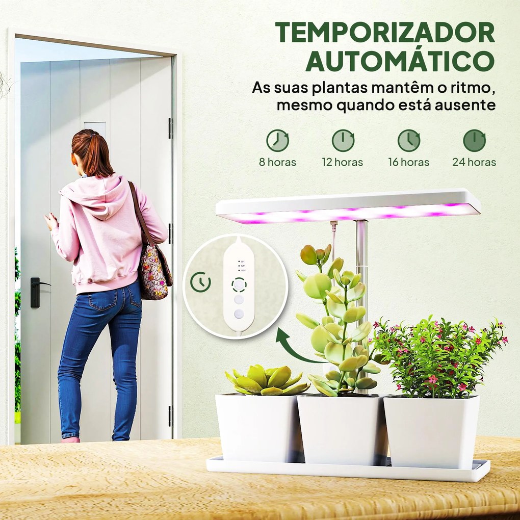 Luz de Crescimento com 30 LED de Espectro Completo Ajustável em Altura com Temporizador Automático 8/12/16/24H 5 Níveis de Brilho e 3 Vasos 31,8x13,4x