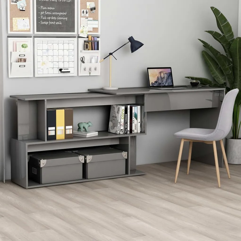 vidaXL Secretária canto 200x50x76 cm contraplacado cinzento brilhante