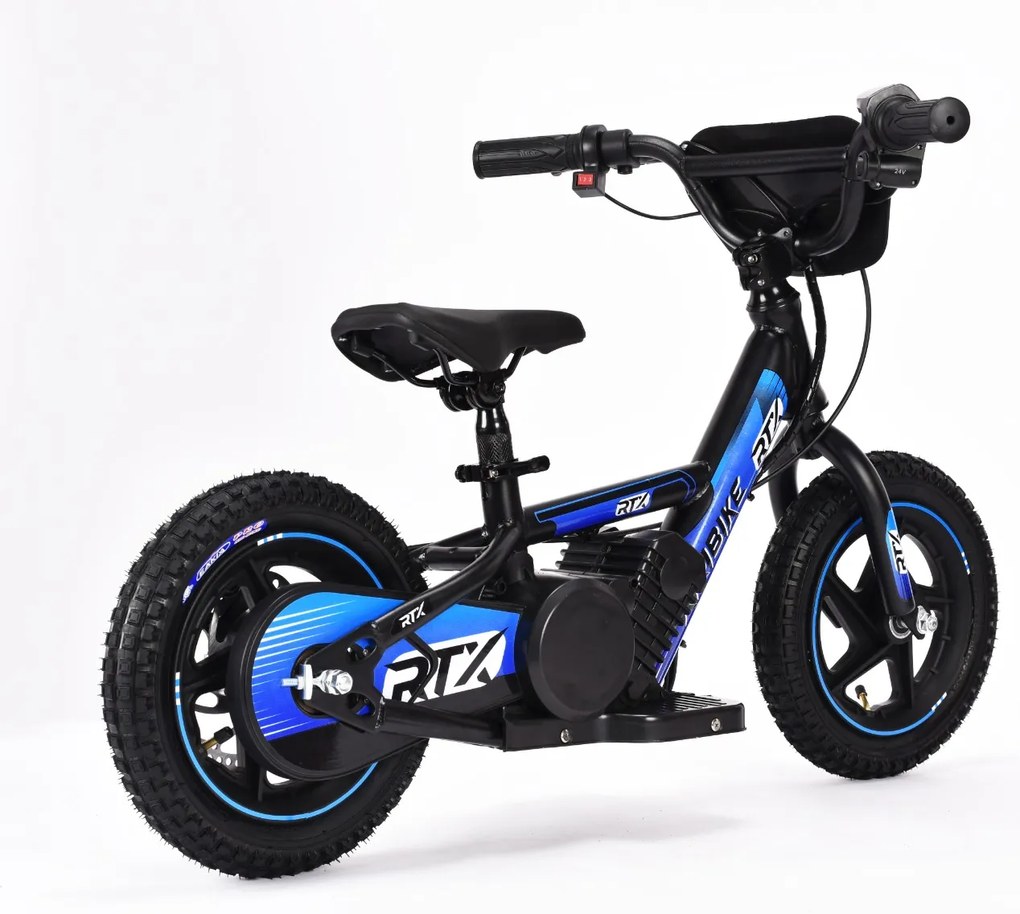 Bicicleta eléctrica para crianças RIRIBIKE RTX3 24V (12"), bateria de lítio, motor de 100W, travão de disco, assento ajustável em PU macio Azul