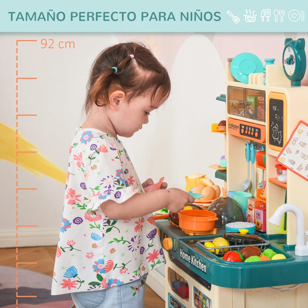HOMCOM Cozinha de Brinquedo para Crianças acima de 3 Anos com Luz Sons Água Vapor Lousa 113 Acessórios Incluidos Cozinha Infantil Educativa 70x32x92,2cm Multicor