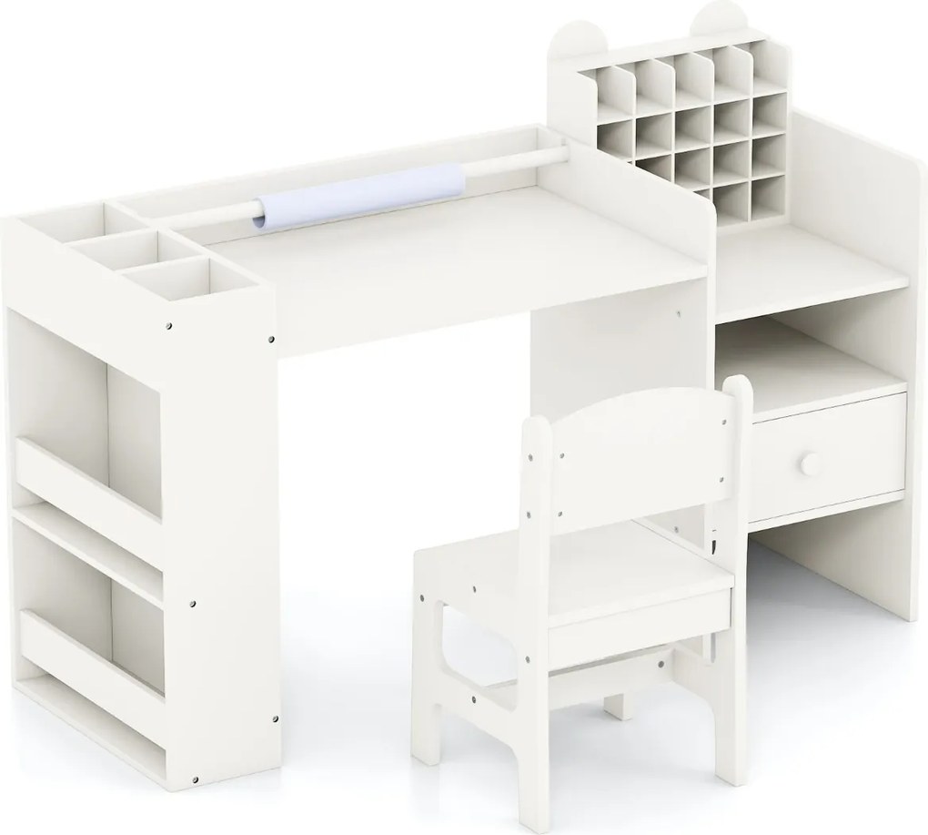 Conjunto de mesa e cadeira para arte infantil com suporte removível para rolo de papel e armário cubo branco