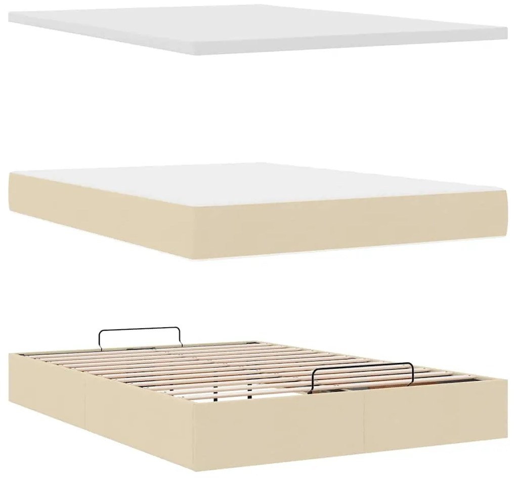 Cama Otomana com Colchão &amp; LEDs Creme 140x200 cm Tecido