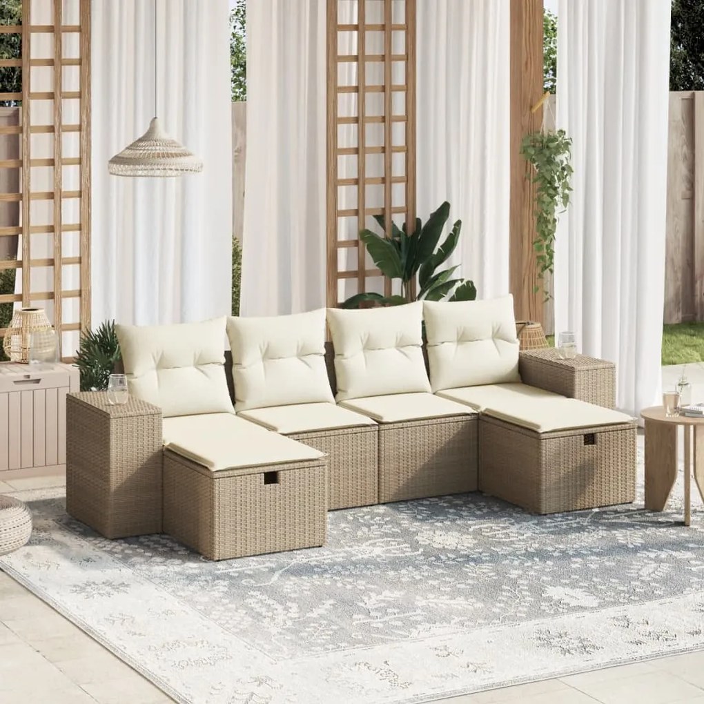 6 pcs conjunto de sofás p/ jardim com almofadões vime PE bege