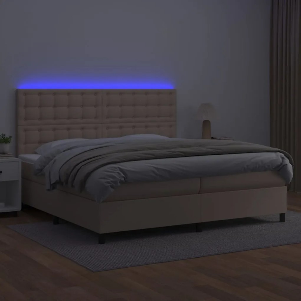 Cama box spring c/colchão/LED 200x200cm couro artif. cappuccino