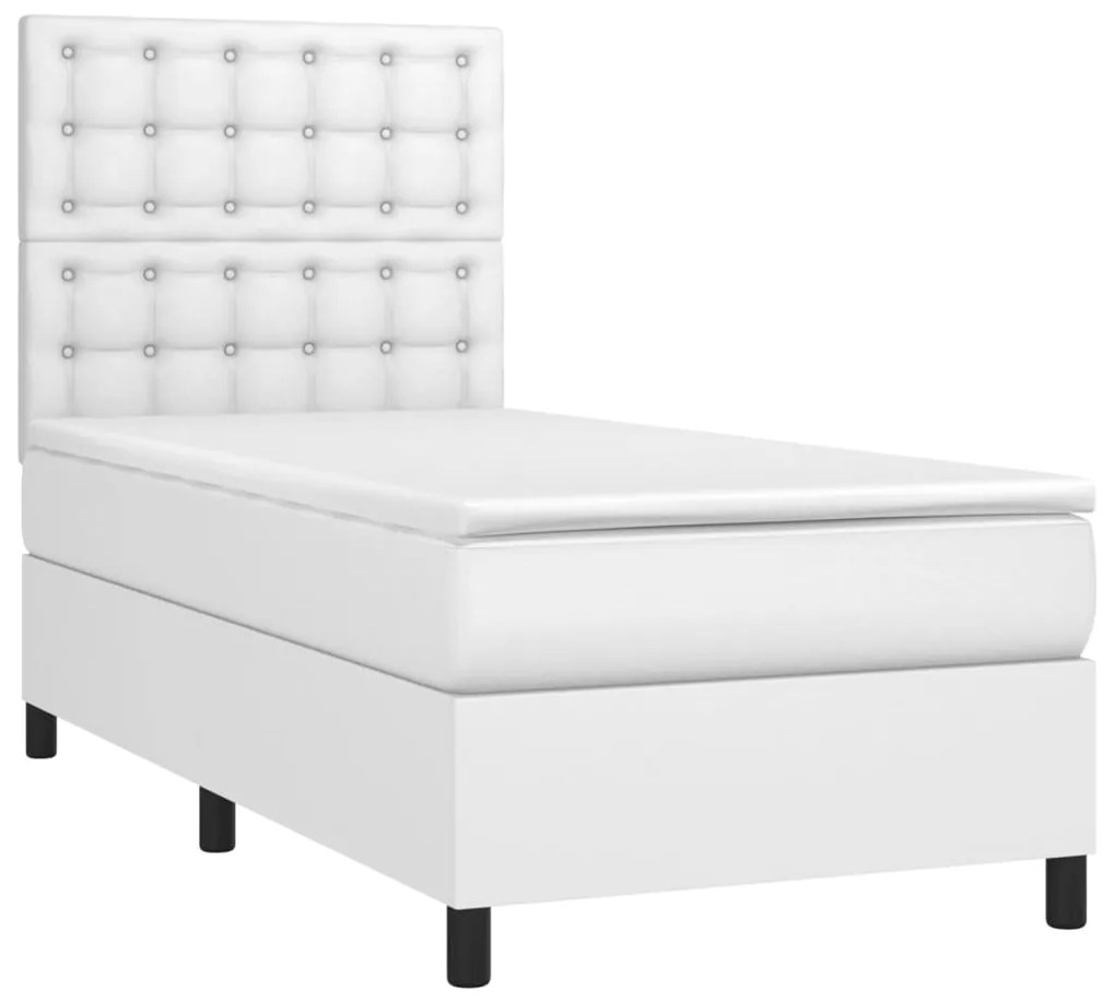 Cama box spring c/ colchão/LED 80x200cm couro artificial branco