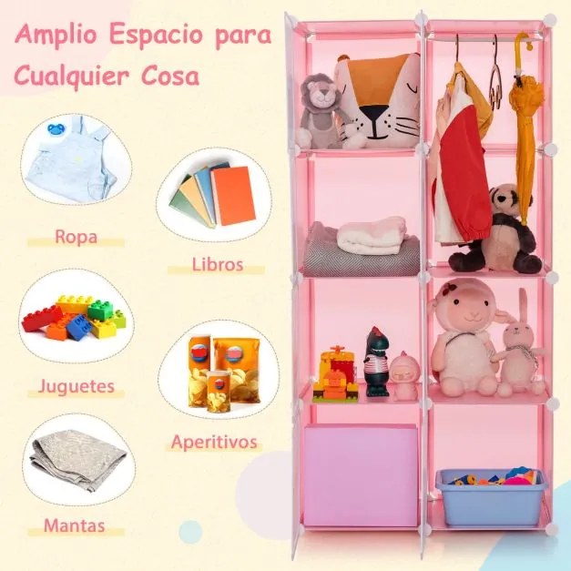 Guarda roupa infantil portátil 71 x 35,5 x 142 cm com 8 cubos com 2 secções para pendurar roupa 71 x 35,5 x 142 cm Rosa