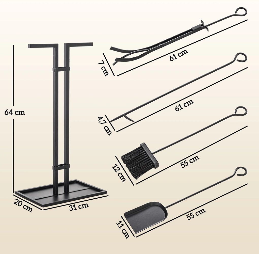 Conjunto de 5 Ferramentas para Lareira, 31 x 20 x 64 cm, Construção em Metal, Preto
