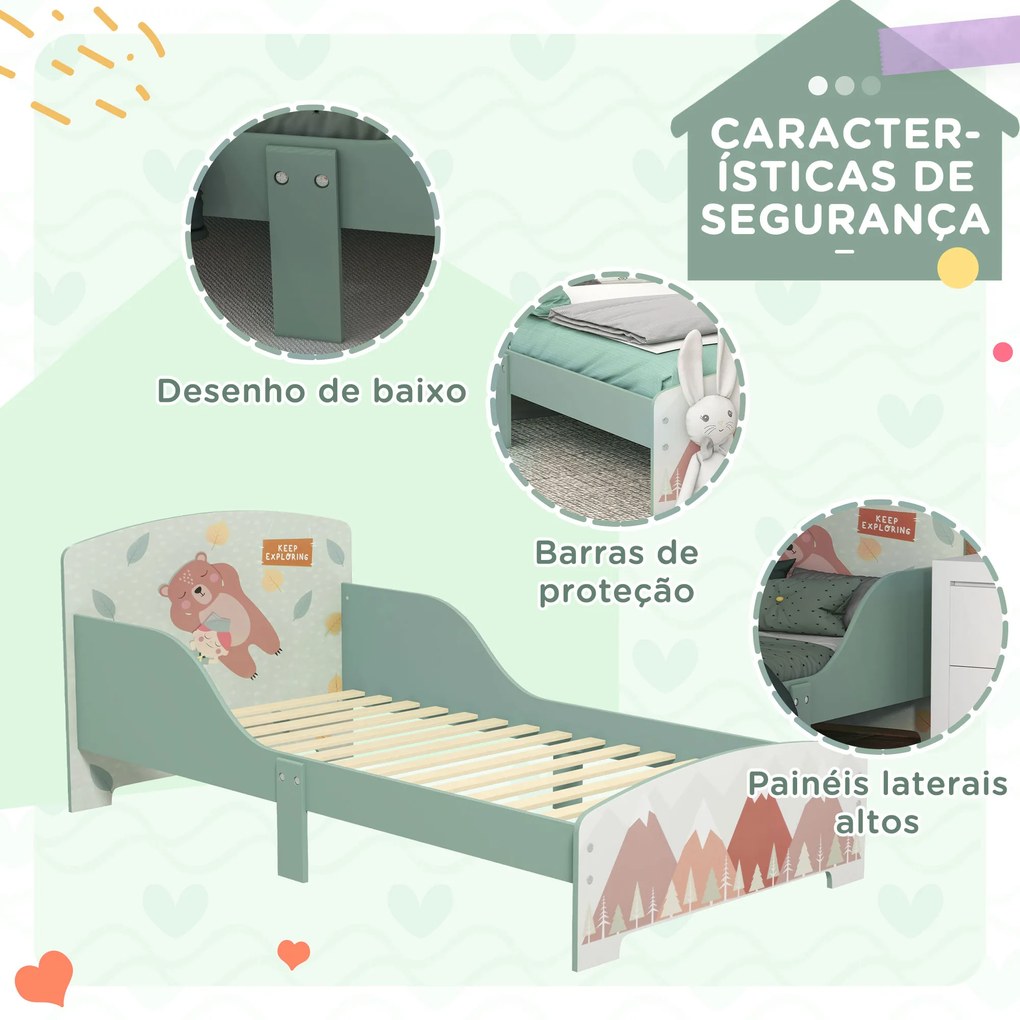Cama para Crianças de Madeira com Barreira de Proteção e Estampados Carga Máx. 40 kg 77x143x60 cm Verde