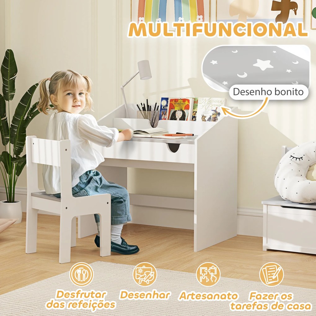 Conjunto de Secretária e Cadeira para Crianças com Gaveta Amovível e Compartimento para Dormitório Sala de Jogos Cinza e Branco