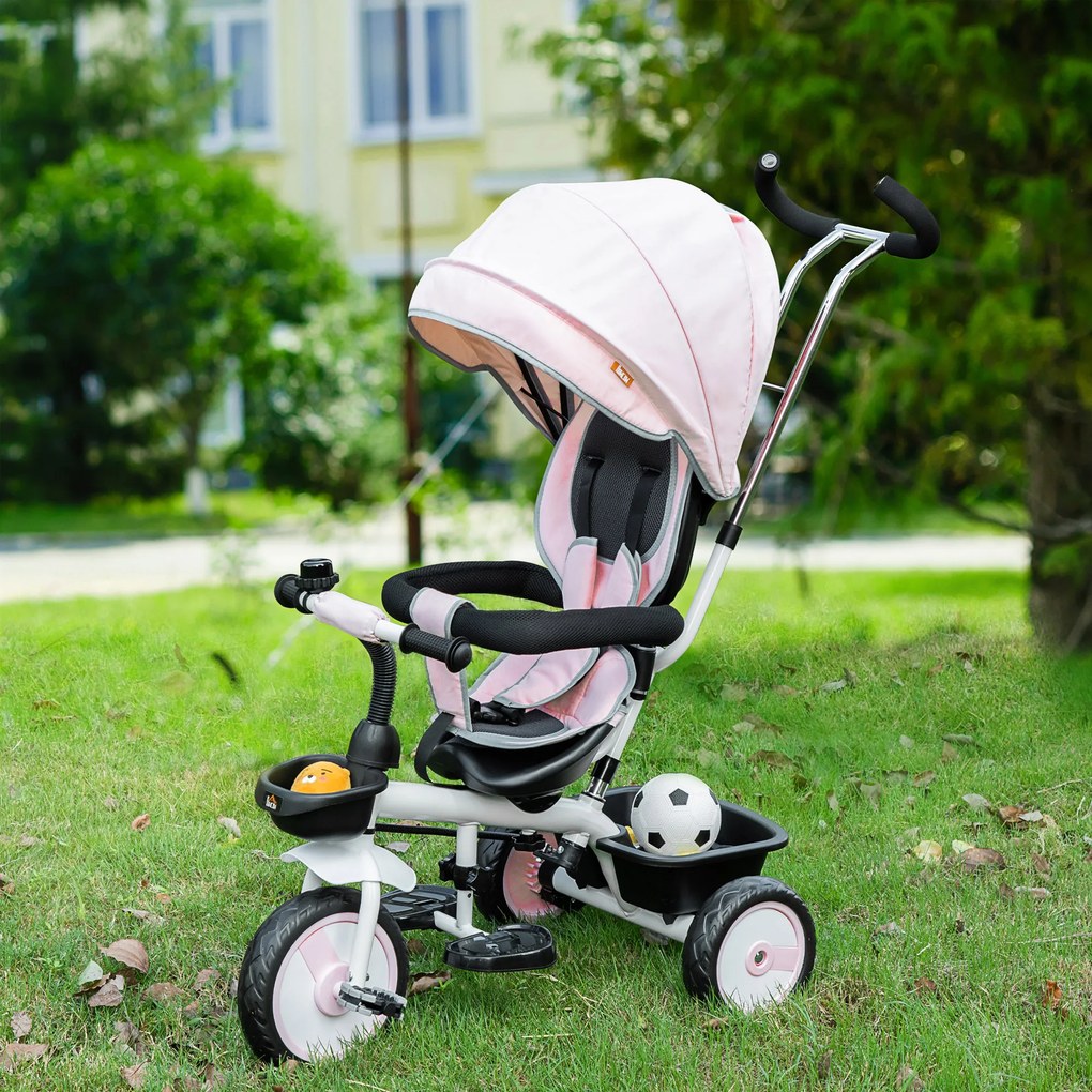 HOMCOM Triciclo para Bebé 2 em 1 Triciclo Evolutivo para Crianças de 1-5 Anos com Capô Dobrável Guiador Telescópico Grade de Proteção Removível e Apoio para os Pés 100x48x106cm Rosa