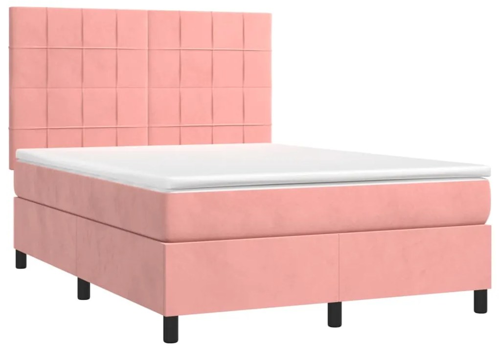 Cama box spring c/ colchão/LED 140x190 cm veludo rosa