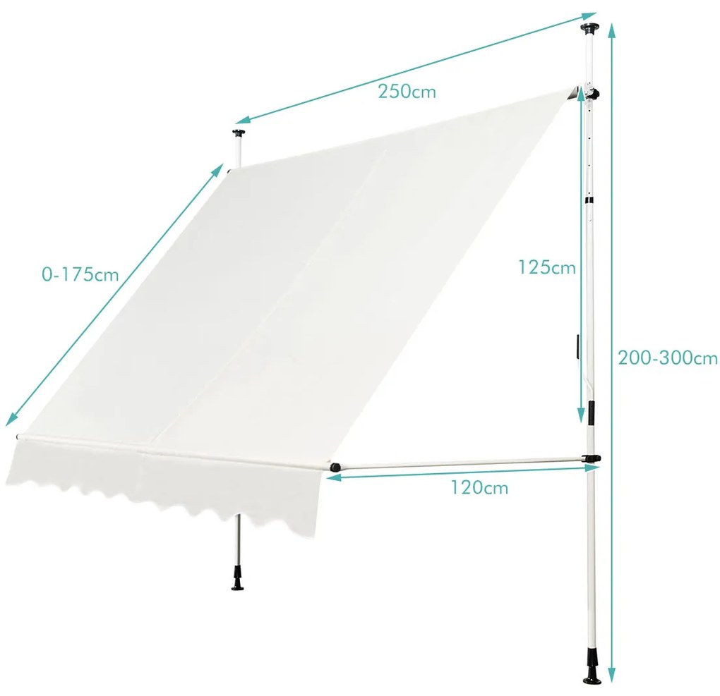 Toldo telescópico e retrátil resistente aos raios UV impermeável com manivela manual altura regulável para janela varanda 250 x 125 cm bege