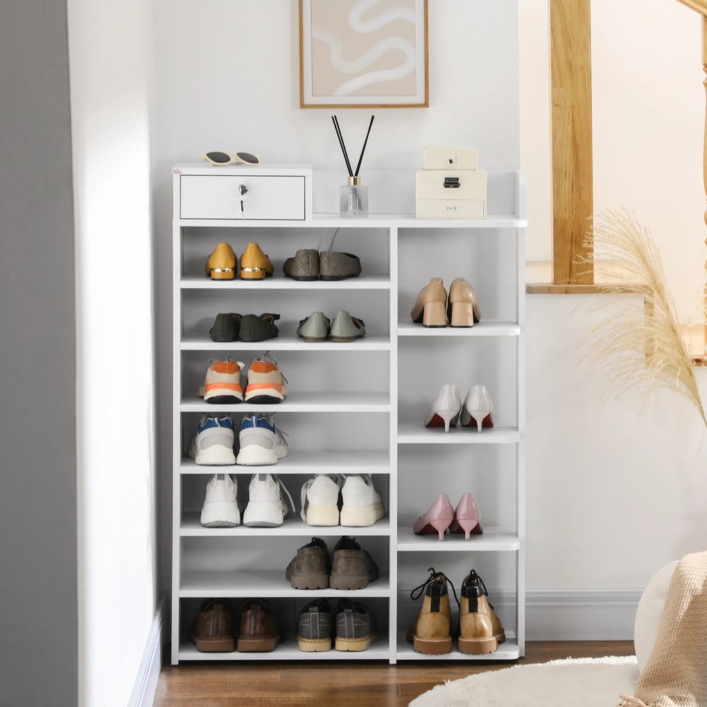 HOMCOM Sapateira de Madeira Móvel para Sapatos com 11 Prateleiras Abertas para 18 Pares de Sapatos e Armário com Fechadura para Corredor Entrada 80x27x112 cm Branco