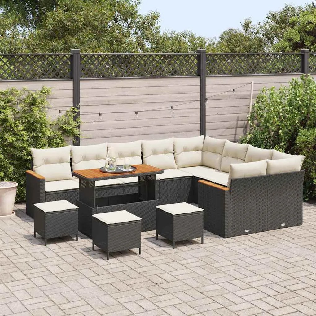 Conjunto de Sofá de Jardim de 13 Peças com Almofadas Preto Vime Acácia