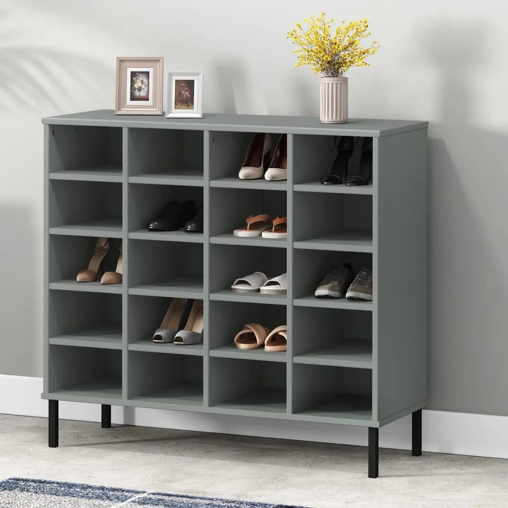 350998 vidaXL Sapateira pernas metal 95x35x87 cm madeira maciça OSLO cinzento