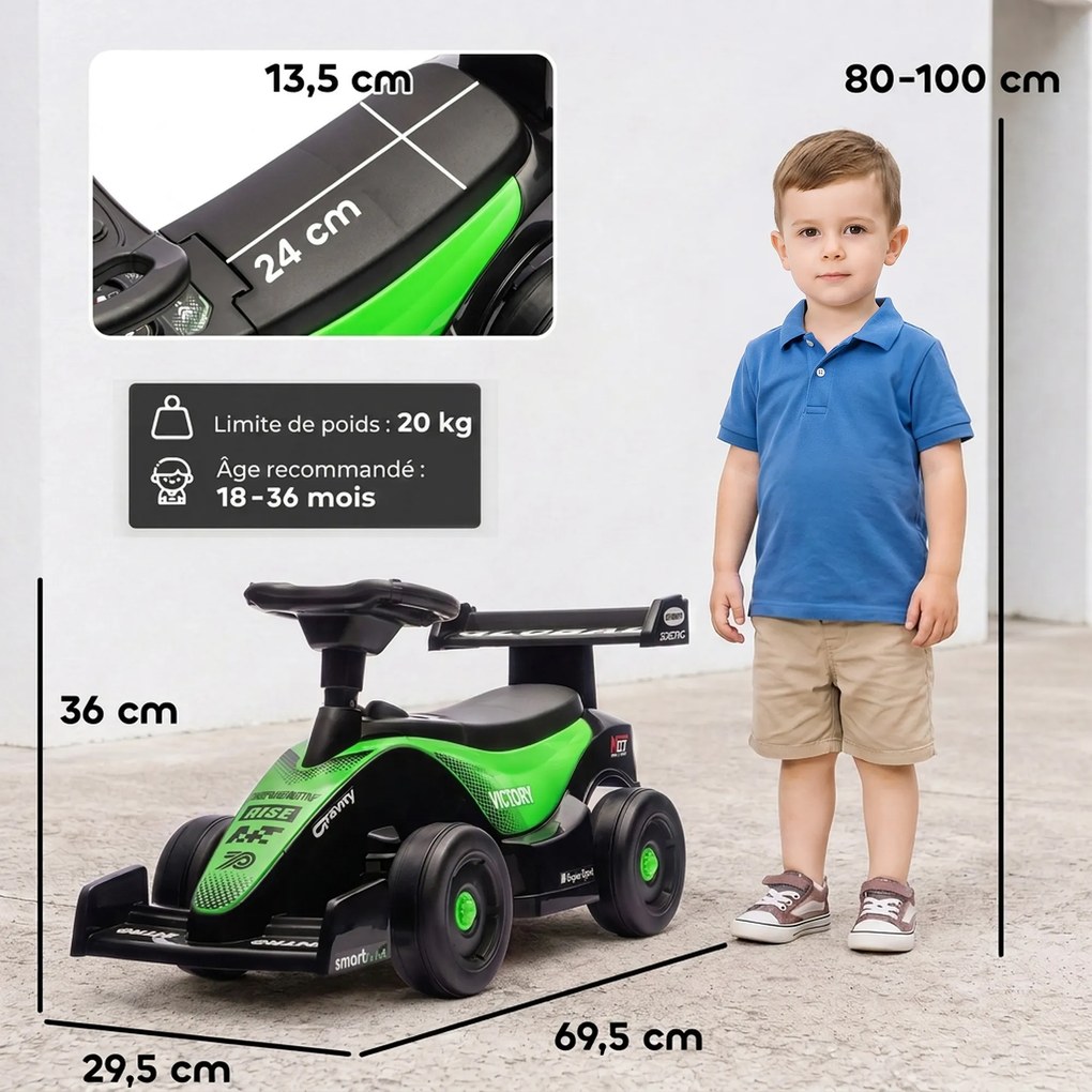Andarilho para crianças F1, veículo para empurrar com volante musical, rodas silenciosas e porta-bagagens, 18-36 meses, verde