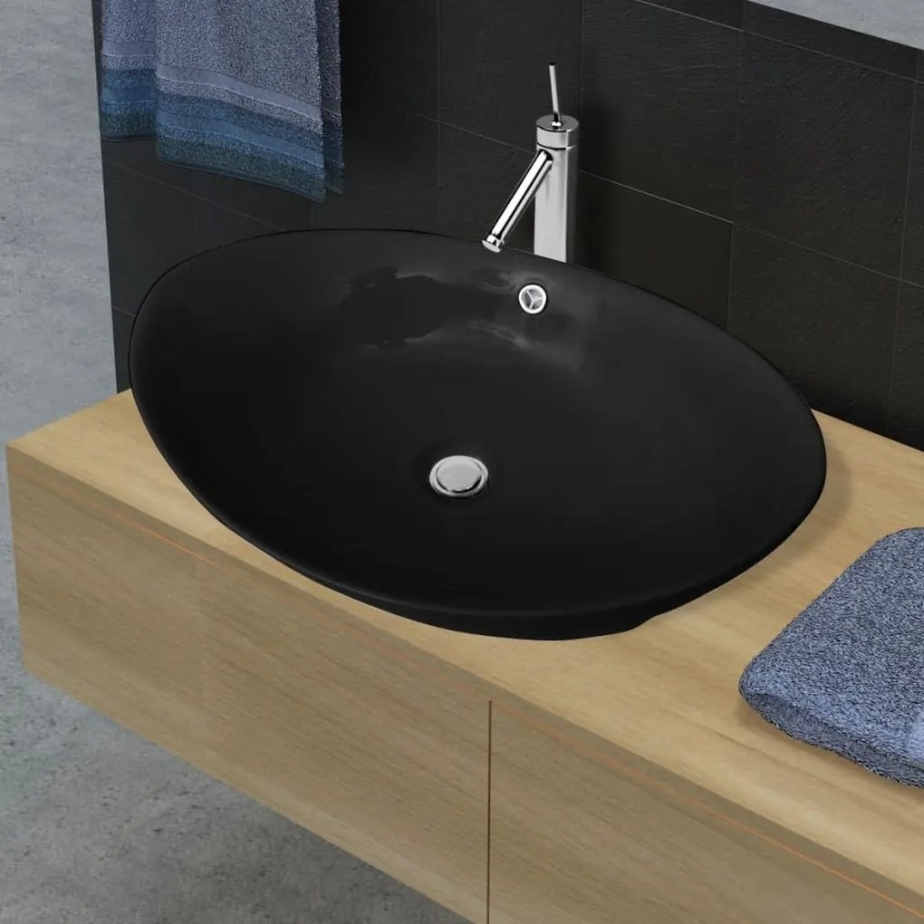 140680 vidaXL Lavatório cerâmico oval preto 59 x 38,5 cm